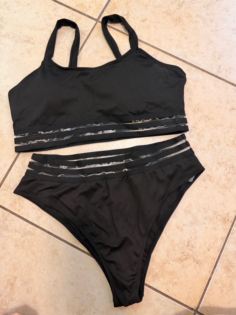 SHEIN Black Ribbed High Waist Bikini Set with Sheer Stripe Detail